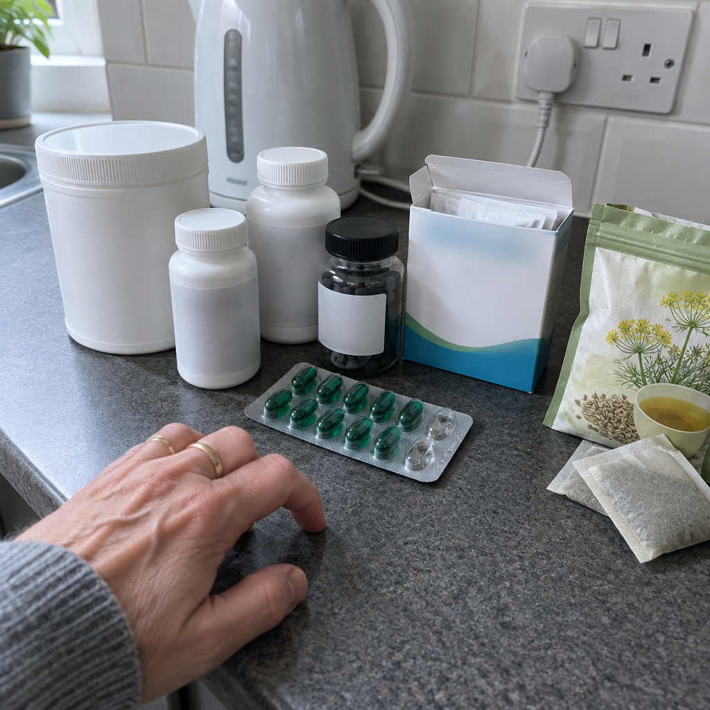 Kitchen worktop full of half-used bloating remedies