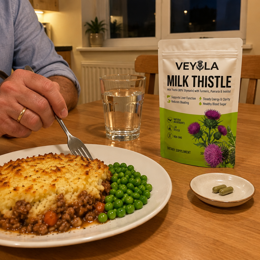 Veyola pouch and two capsules next to a plate of shepherd’s pie