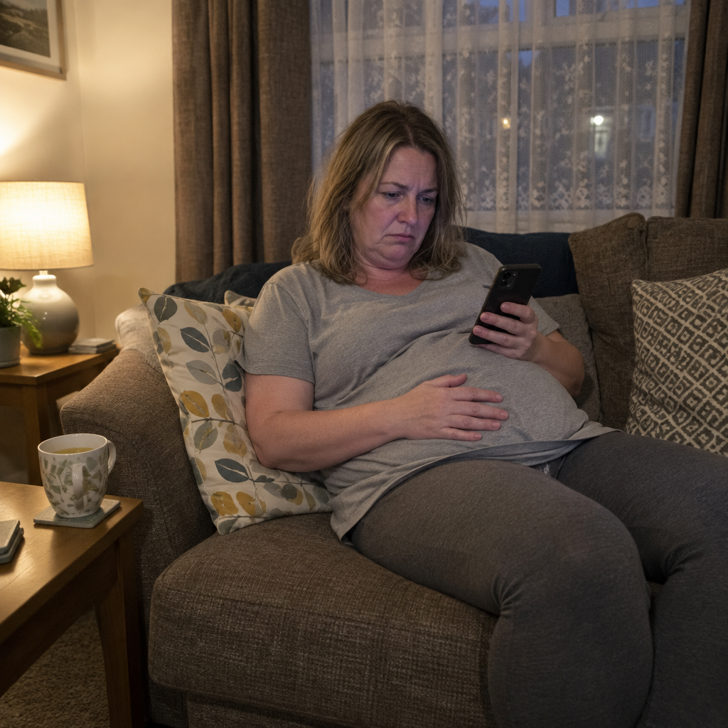 Woman on the sofa in the evening with a bloated stomach, reading her phone