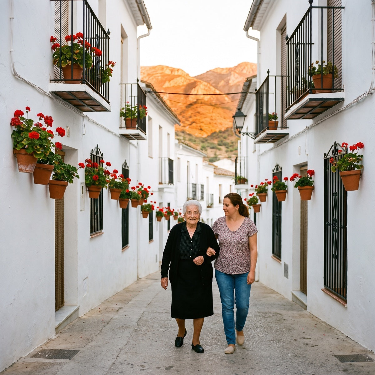 Very old woman walking through a white village in Andalusia after dinner
