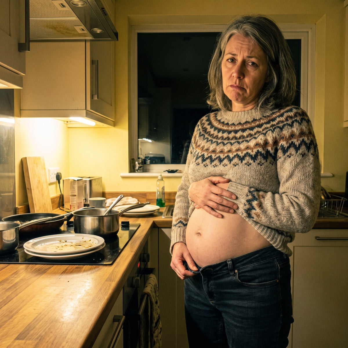 Woman undoing her jeans, bloated after dinner