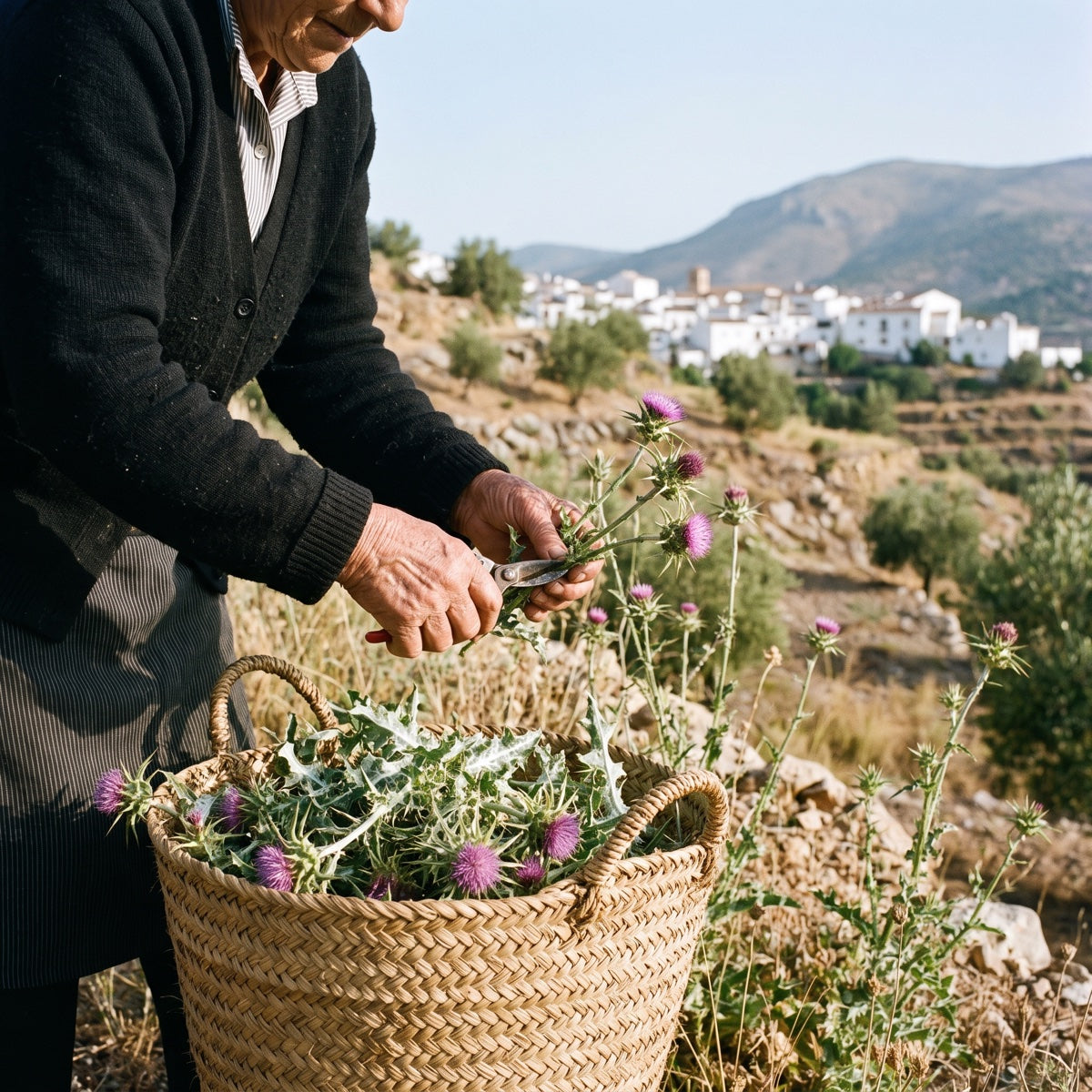 Old hands harvesting wild milk thistle above a white village