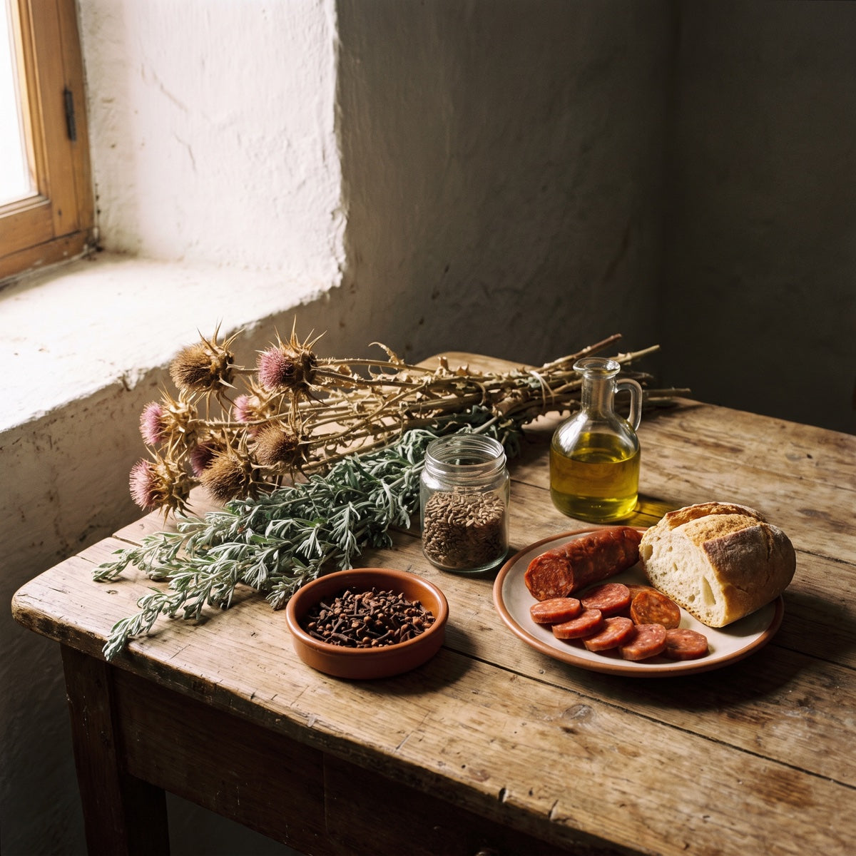 Milk thistle, wormwood and cloves on a farmhouse table