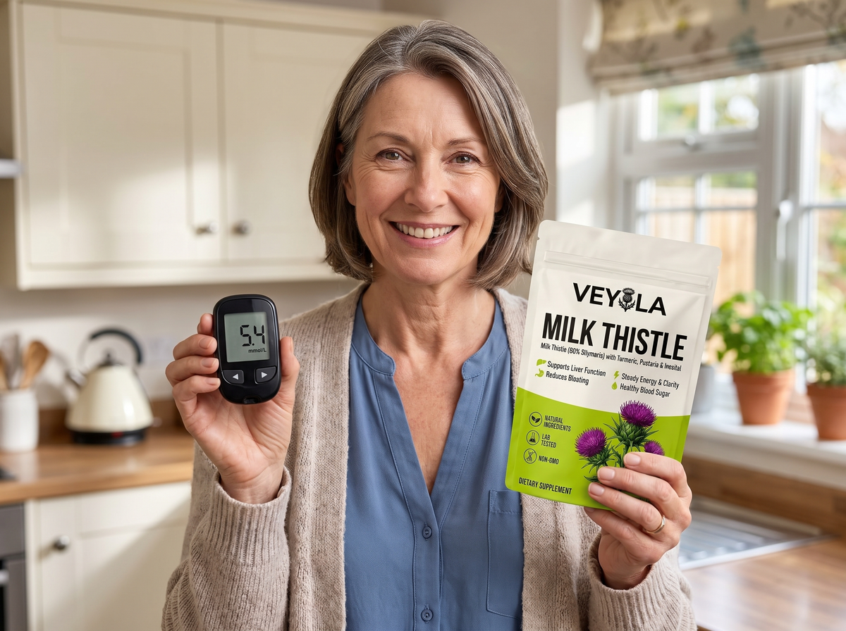 Woman in her kitchen holding a Veyola pouch and a glucose meter reading 5.4 mmol/L