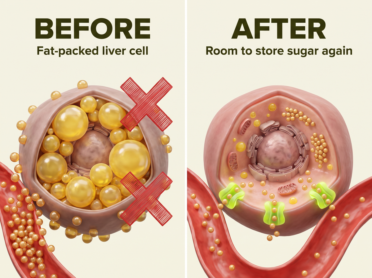 Before and after illustration: a fat-packed liver cell versus a liver cell with room to store sugar