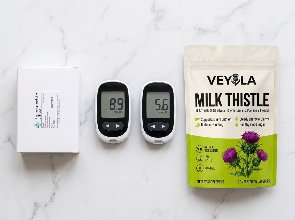 Prescription box, two glucose meters reading 8.9 and 5.6 mmol/L, and a Veyola pouch