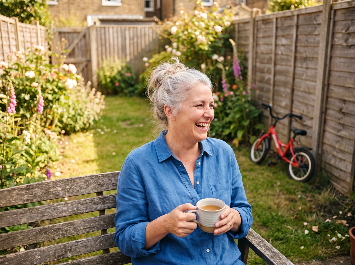 Woman in her sixties laughing with a mug of tea in her garden