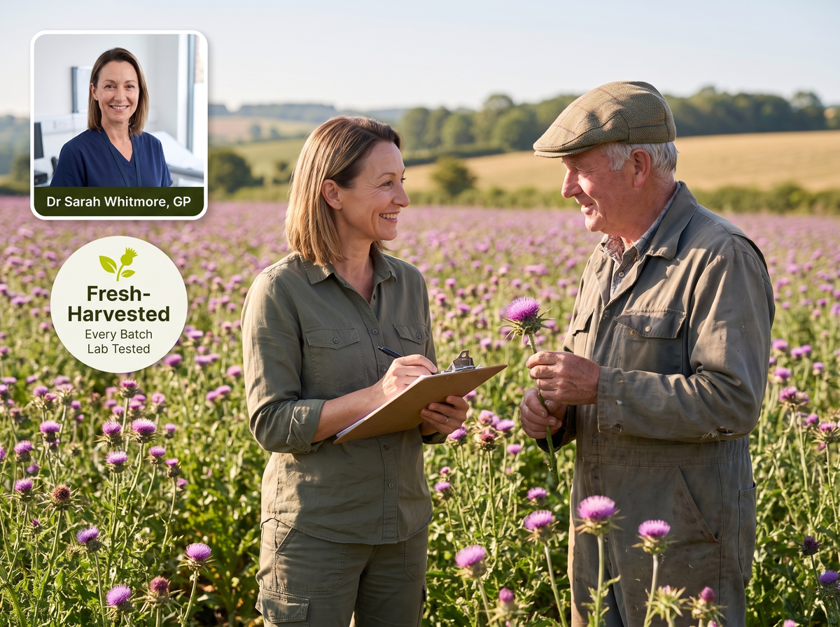Dr Sarah Whitmore, GP, with a farmer in a field of fresh-harvested milk thistle