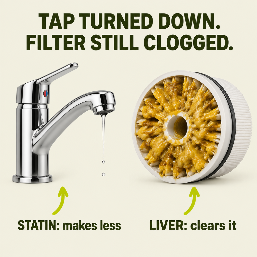 A tap turned down next to a clogged filter: statin makes less, liver clears it