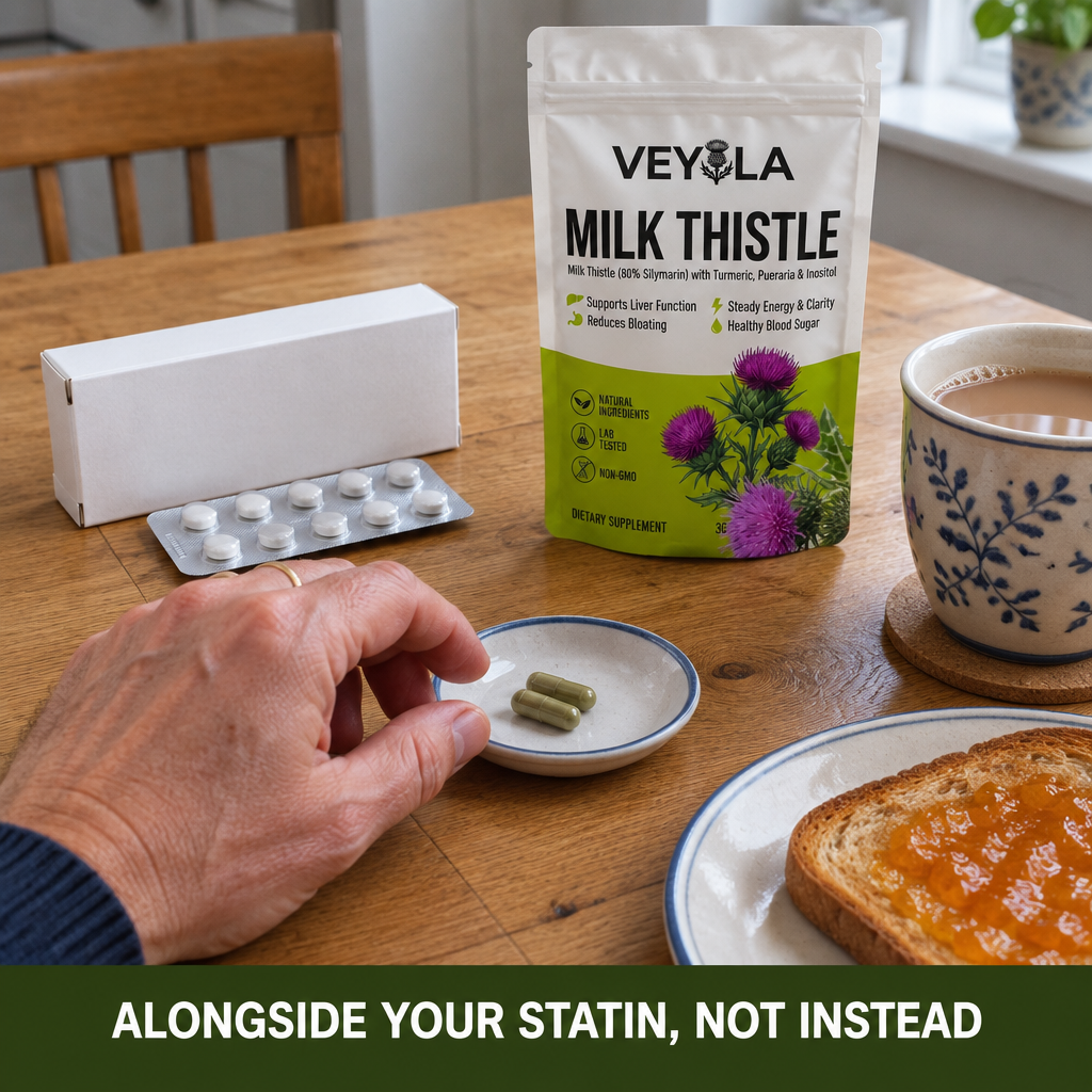 Statin tablets and Veyola capsules side by side at breakfast