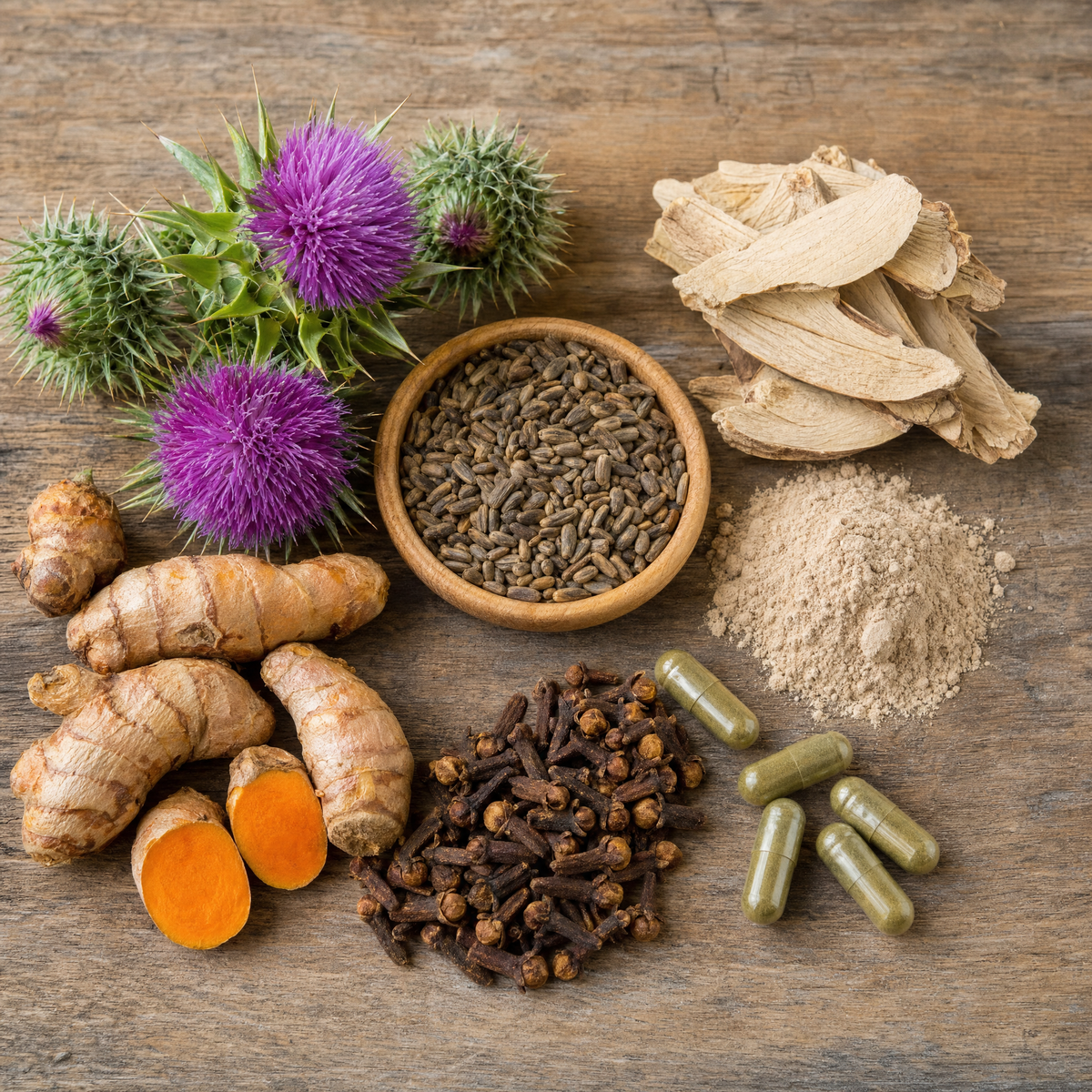 Milk thistle, kudzu root, turmeric, cloves and green capsules on a wooden board
