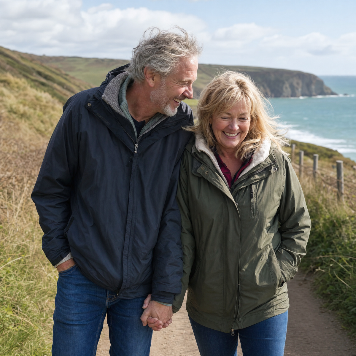 Happy couple in their late fifties walking hand in hand on a coastal path