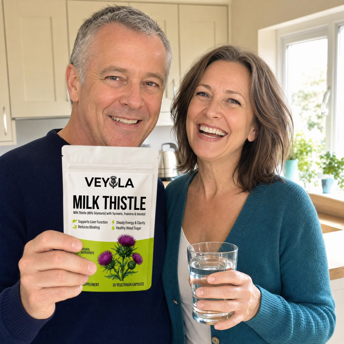 British couple in their fifties in the kitchen in the morning with a pouch of Veyola milk thistle
