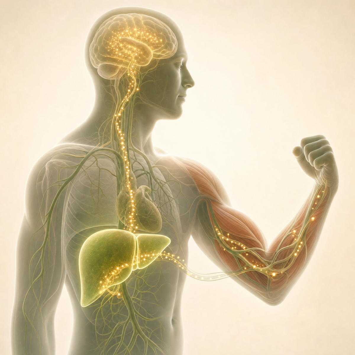 Illustration of the liver releasing steady energy to the brain and muscles