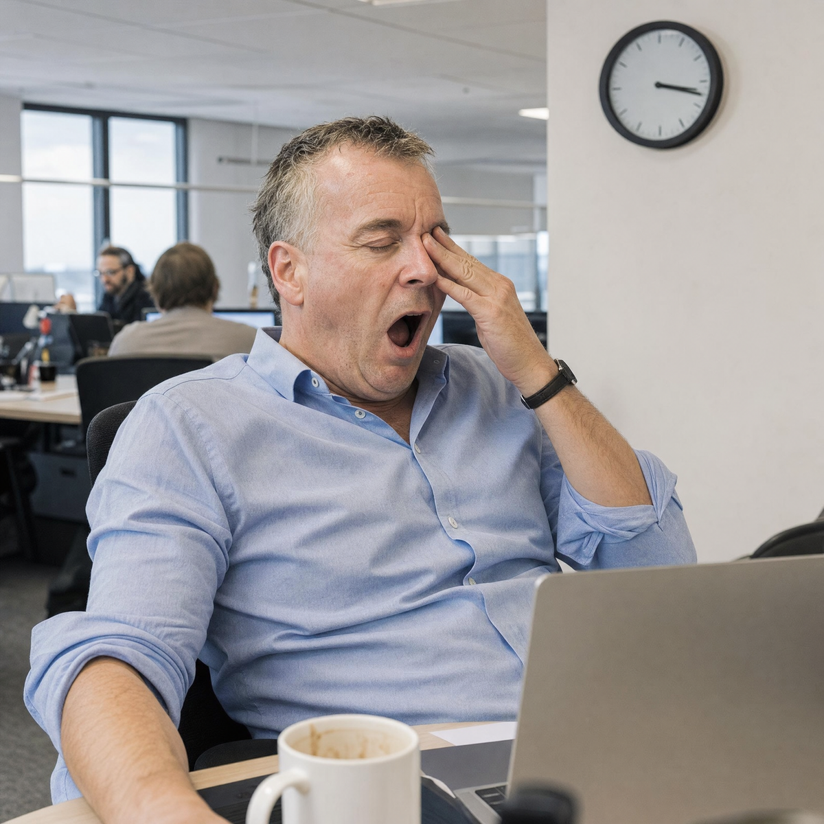Man in his fifties yawning at his office desk at 3pm