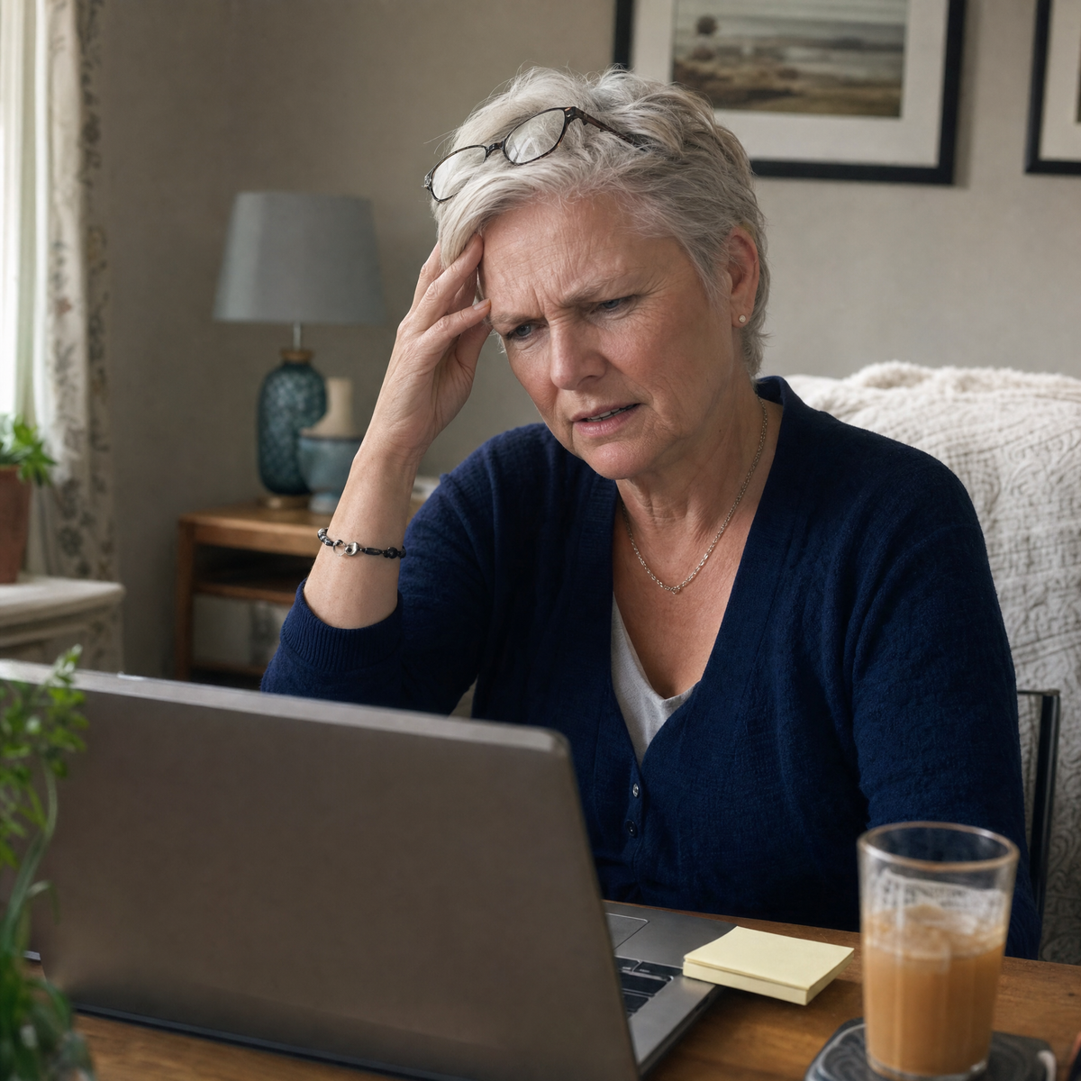 Woman in her fifties at her laptop with her hand on her forehead, foggy