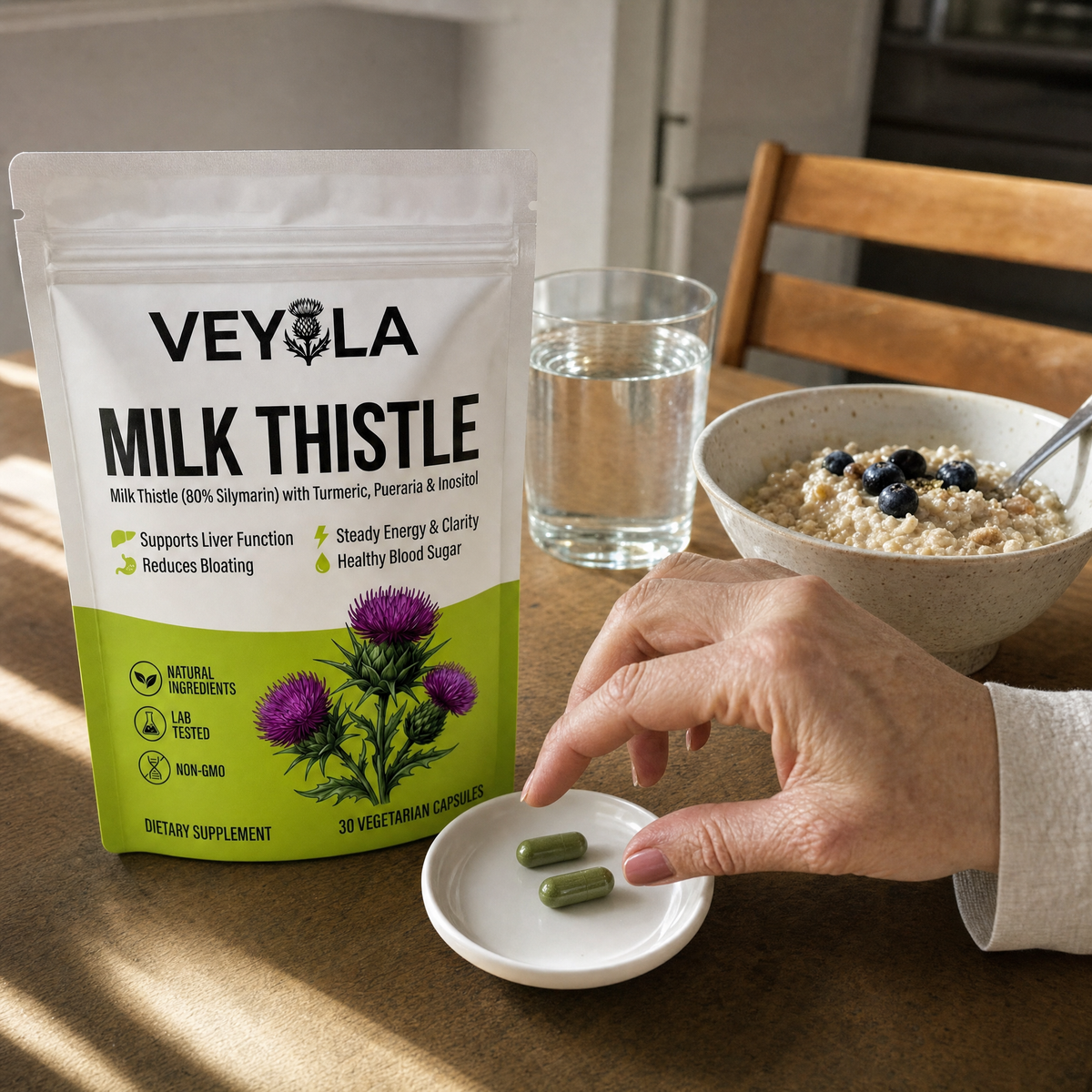 Veyola pouch with two capsules at breakfast next to water and porridge