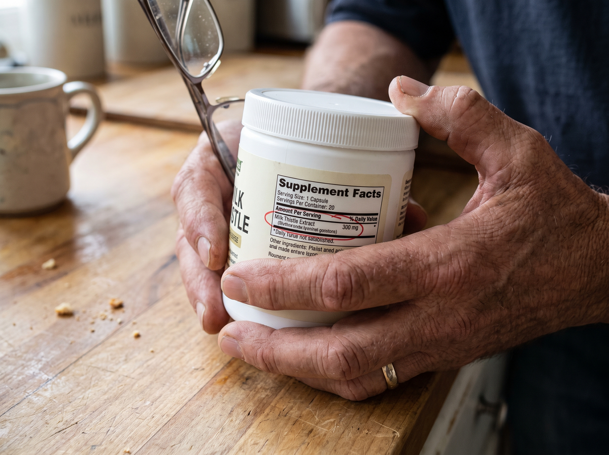 Man reading the back of a milk thistle tub