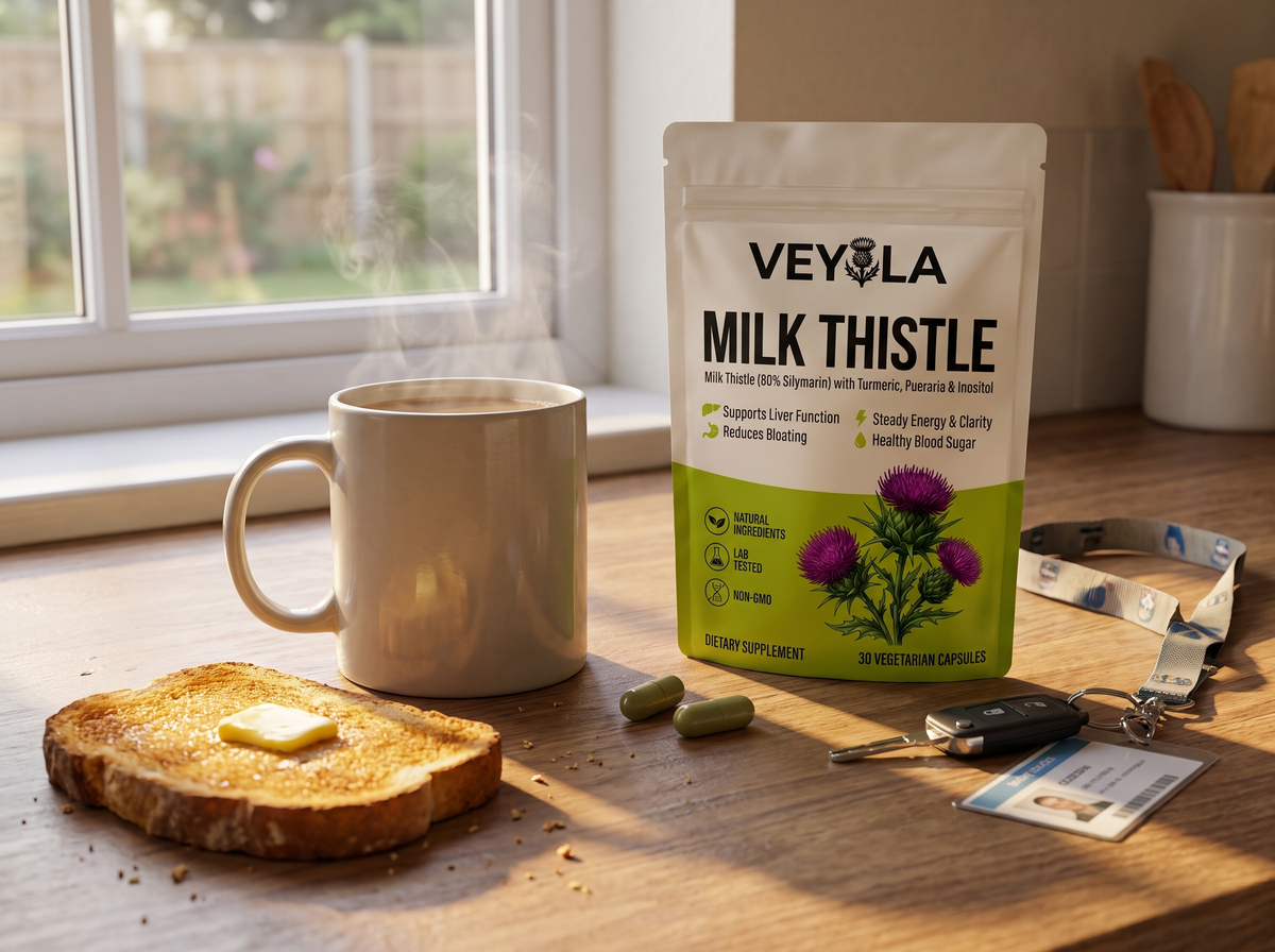 Veyola with a mug of tea and toast before work