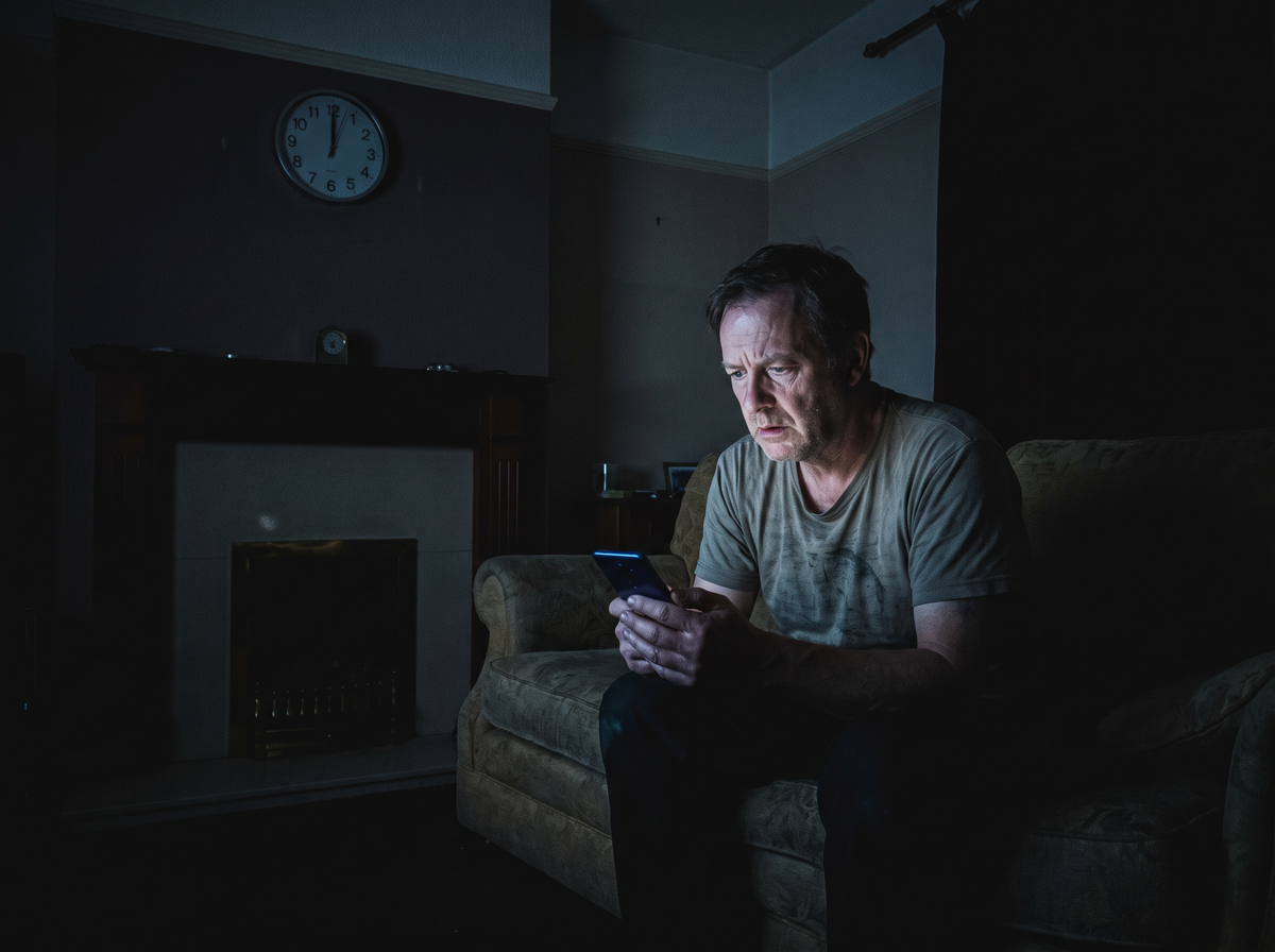 Man googling on his phone at midnight