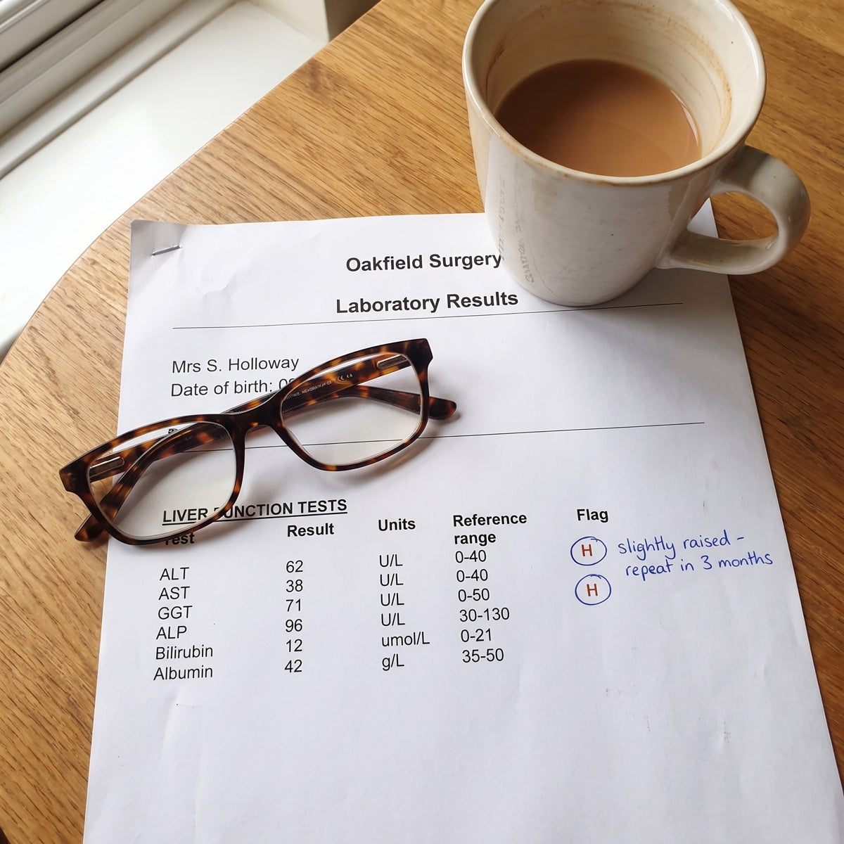 Liver function test results with ALT and GGT flagged high