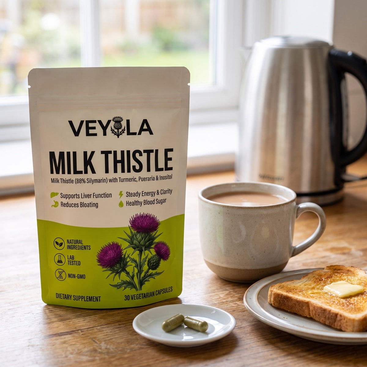 Veyola pouch with two capsules next to breakfast tea and toast