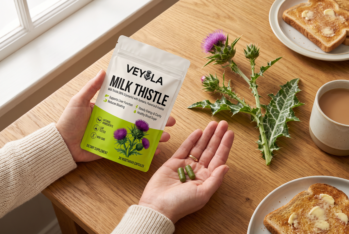 Two Veyola capsules tipped from the pouch into a hand, with tea and toast