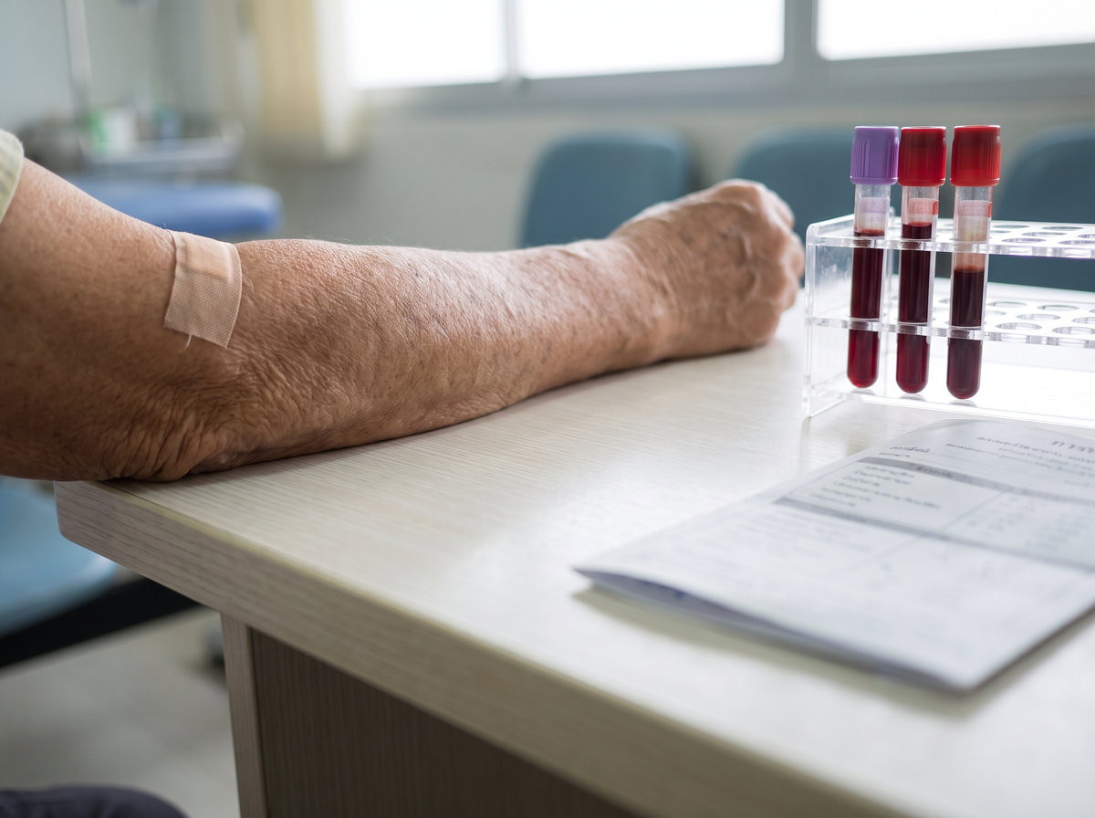 Arm after a blood test with sample tubes