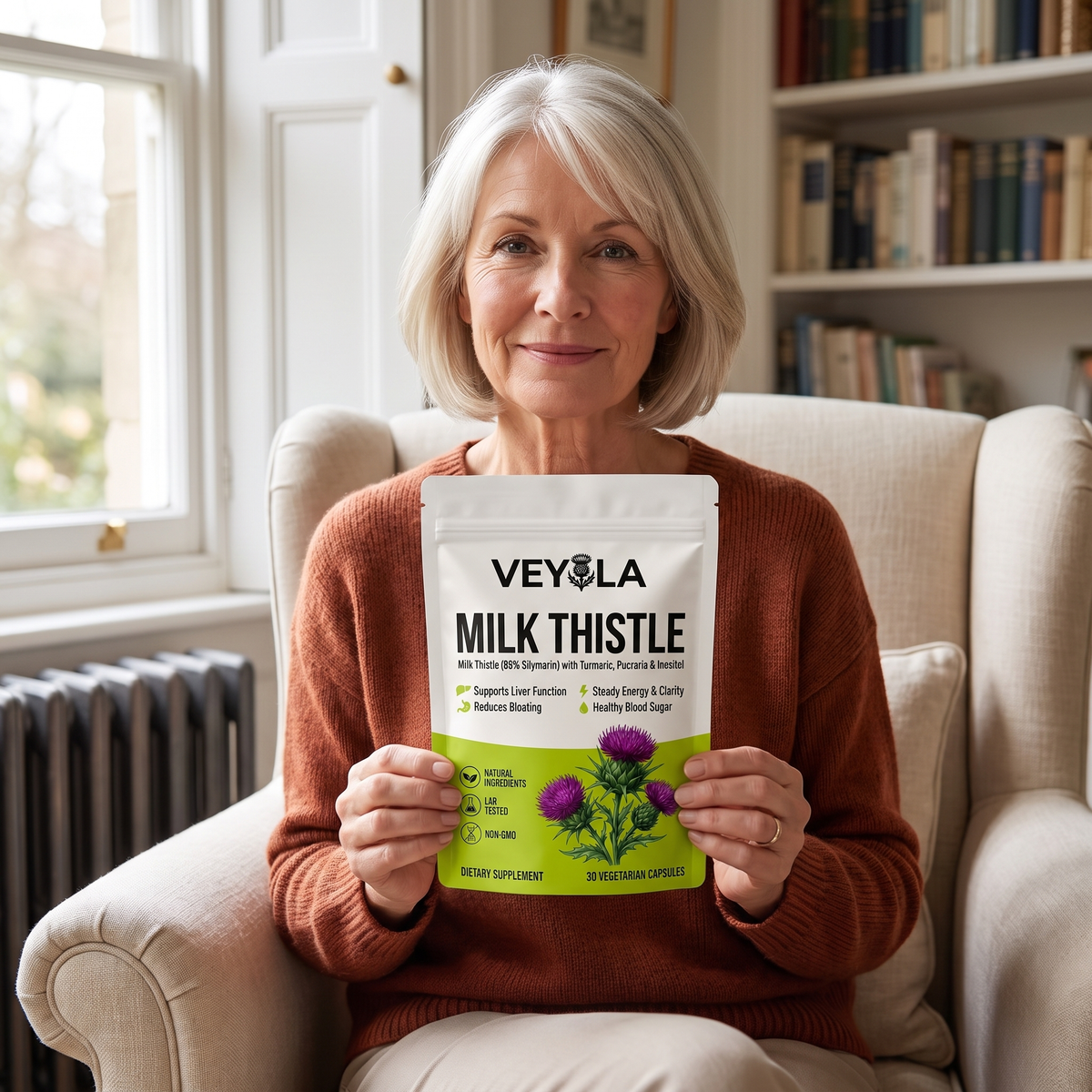 English woman in her living room holding Veyola Milk Thistle