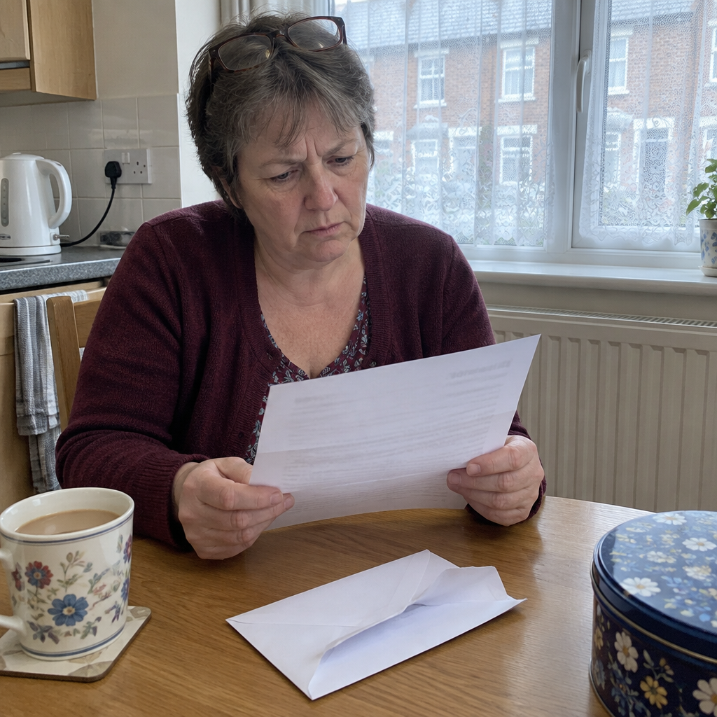 Woman reading a letter from her GP surgery at the kitchen table