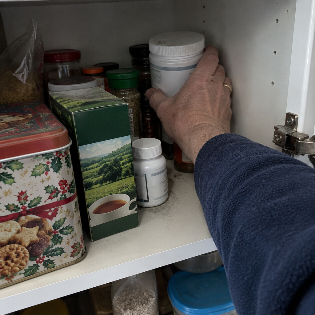 Hand reaching for a forgotten supplement tub at the back of a kitchen cupboard