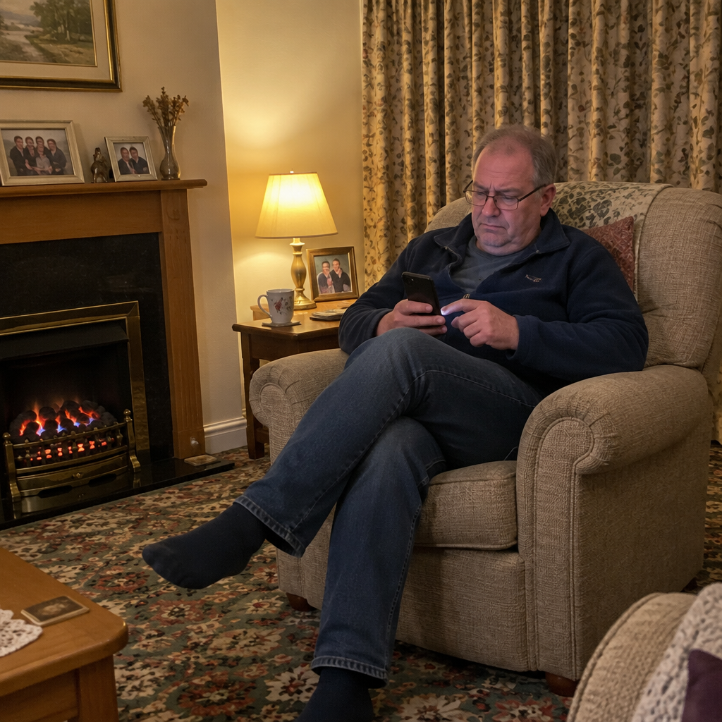 Man in his armchair in the evening reading a health forum on his phone