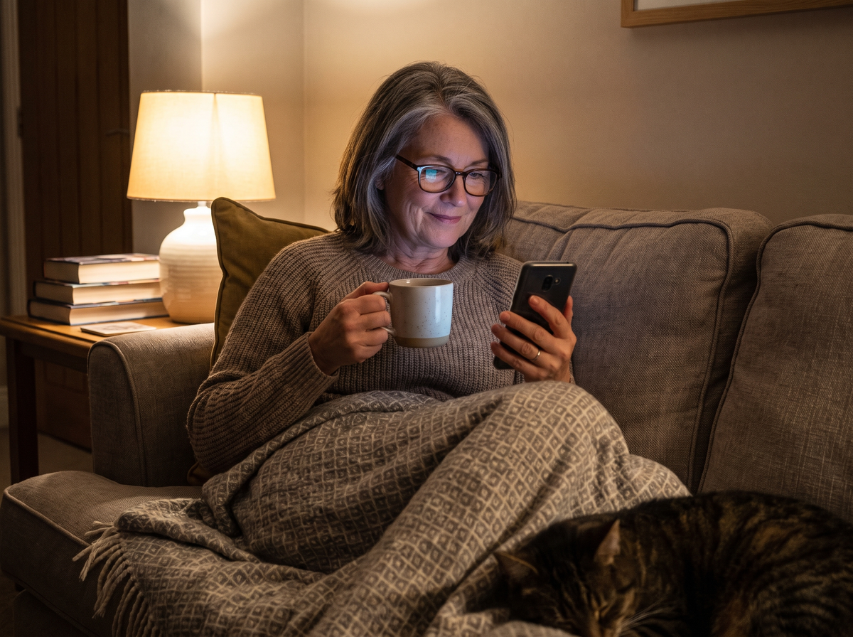 Woman reading on her phone on the sofa