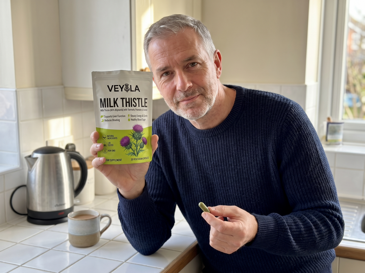 Man holding Veyola milk thistle pouch in his kitchen