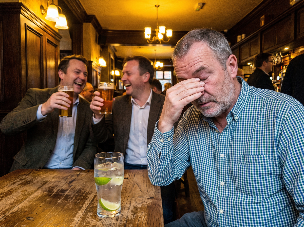 Man with lime and soda at the pub feeling rough