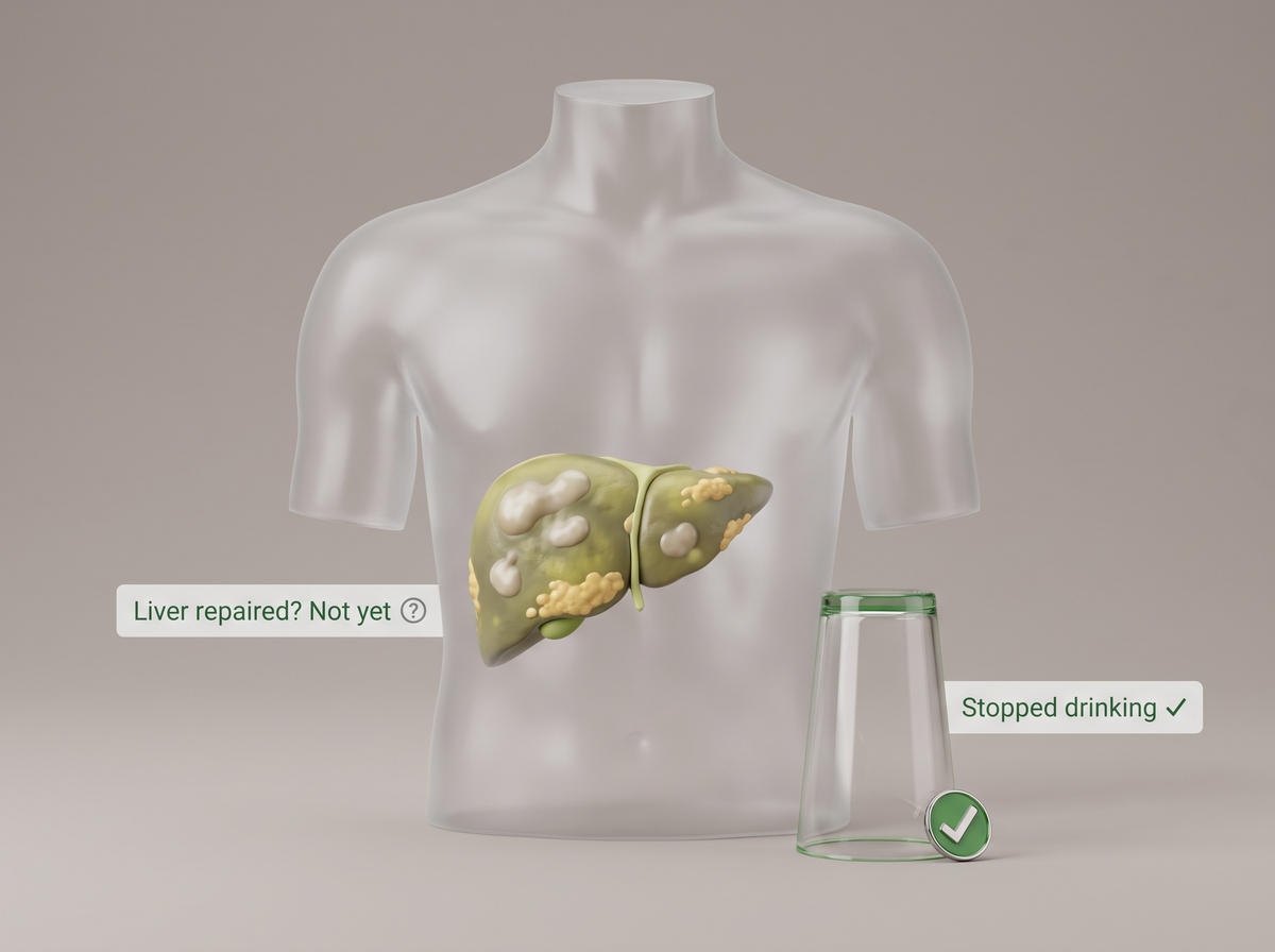 Liver illustration: stopped drinking, liver not yet repaired