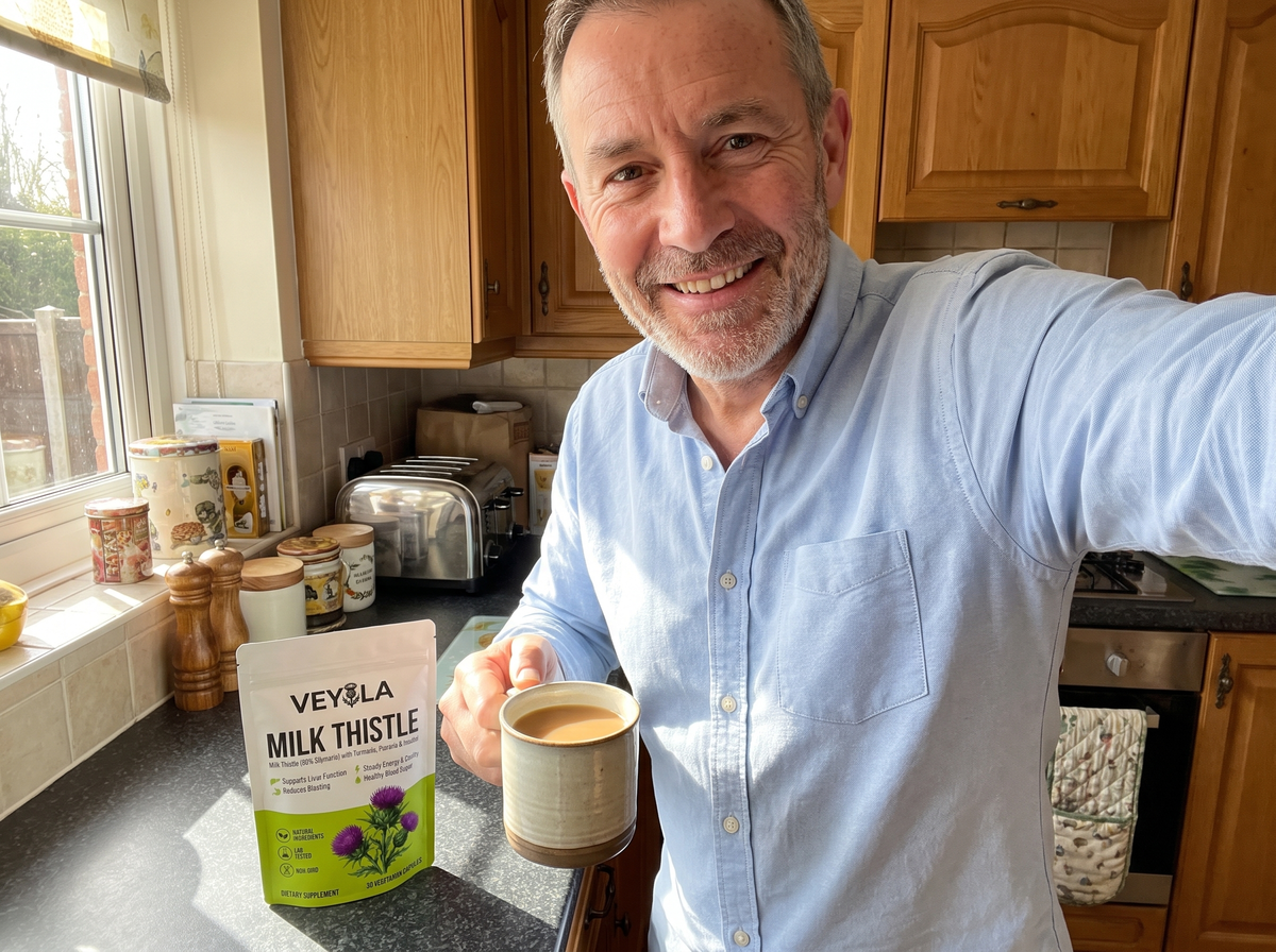 Man smiling in the morning with tea and Veyola