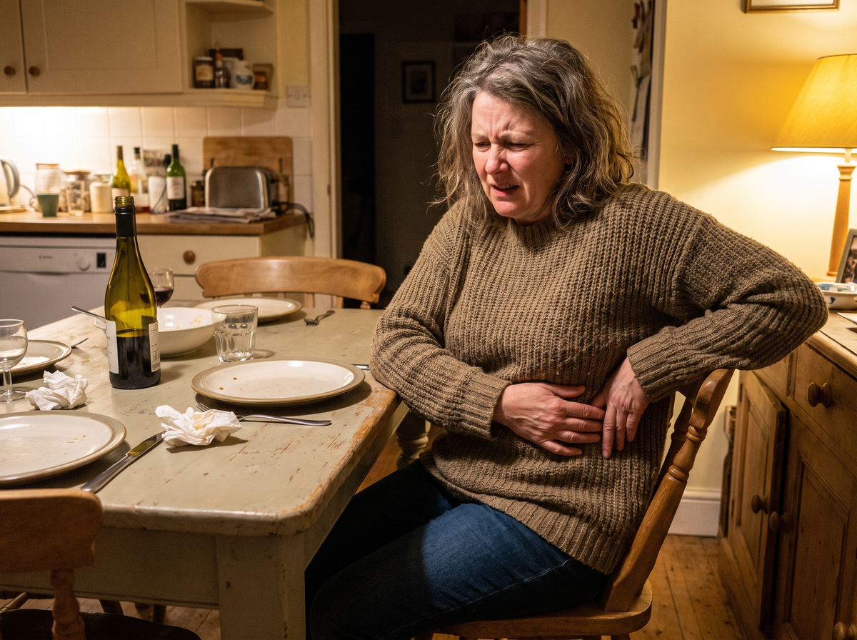 Woman pressing the ache under her right ribs after dinner